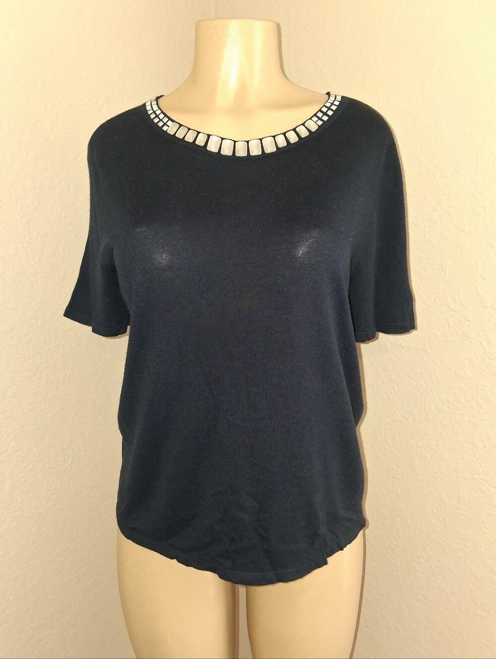 MAGASCHONI NAVY BLUE SHORT SLEEVED SWEATER TOP SZ XLG